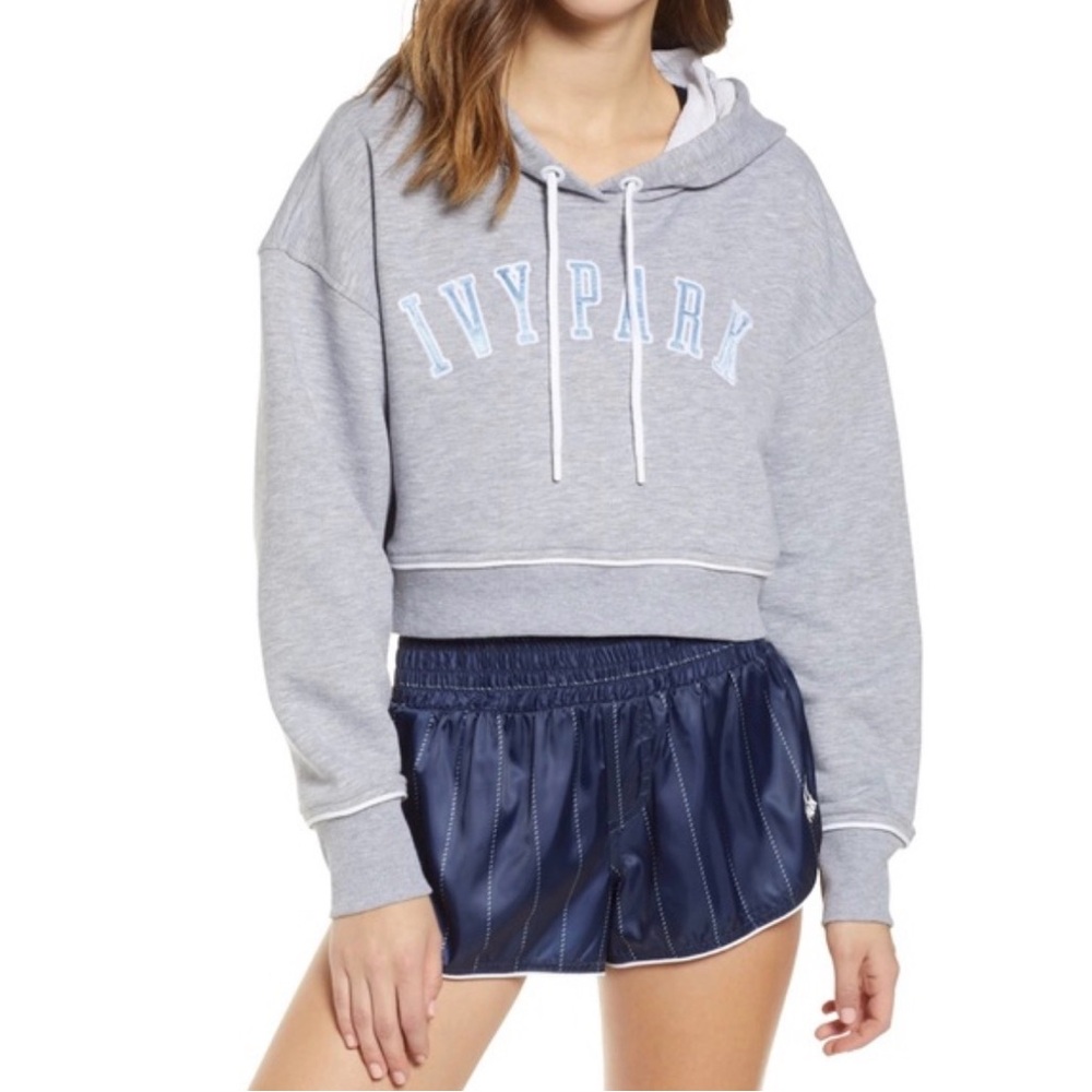 Ivy Park Grey Baseball Crop Hoodie Gray with Embroidered Blue Letters-Large -EUC